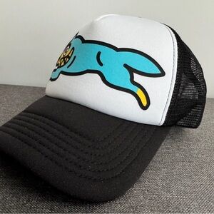 Black and White Trucker Hat with Blue Graphic